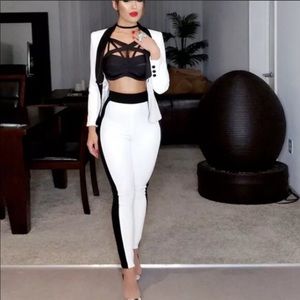 2 piece bland and white suit